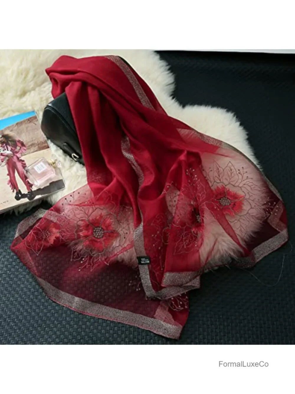 30% Silk 70% Acrylic Embroidered Floral Long Scarf Wrap Shawl